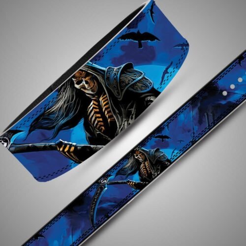 Grim Reaper belt laid flat showing scythe artwork, ravens and strap holes