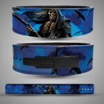 Blue Grim Reaper weightlifting belt showing hooded skeleton, moon, ravens and black lever buckle