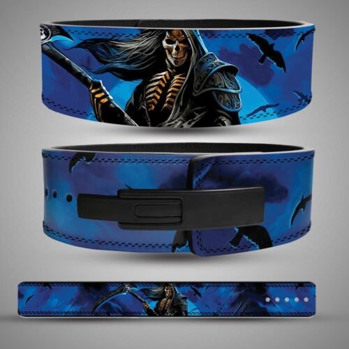 Blue Grim Reaper weightlifting belt showing hooded skeleton, moon, ravens and black lever buckle
