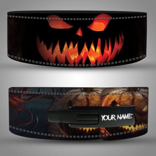 Front and buckle views of a Halloween weightlifting belt with a glowing orange pumpkin face and dark branches.