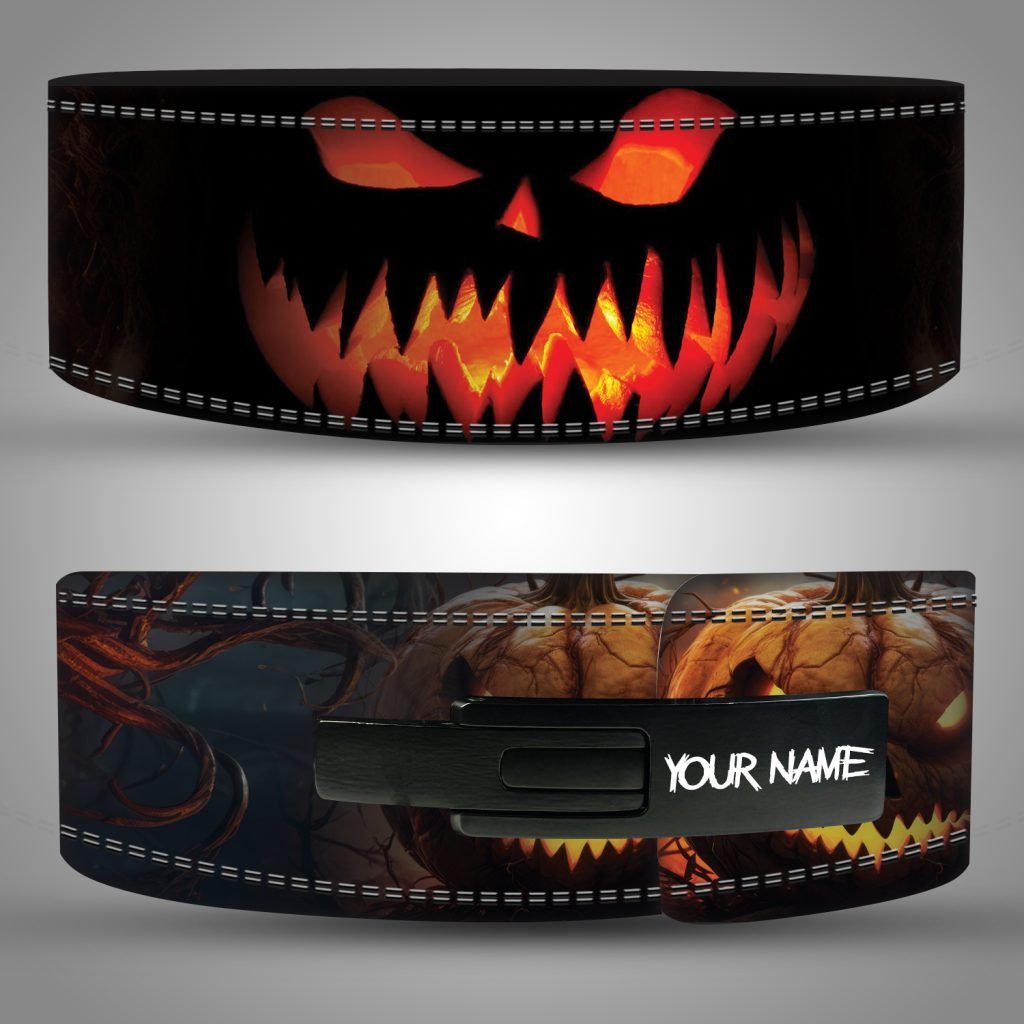 Haunted Pumpkin Halloween Weightlifting Belt Front and Buckle Front and buckle views of a Halloween weightlifting belt with a glowing orange pumpkin face and dark branches.