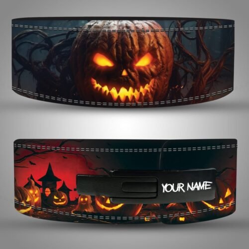 Front and buckle views of a Halloween weightlifting belt with a glowing jack-o-lantern, red sky, and haunted house artwork.