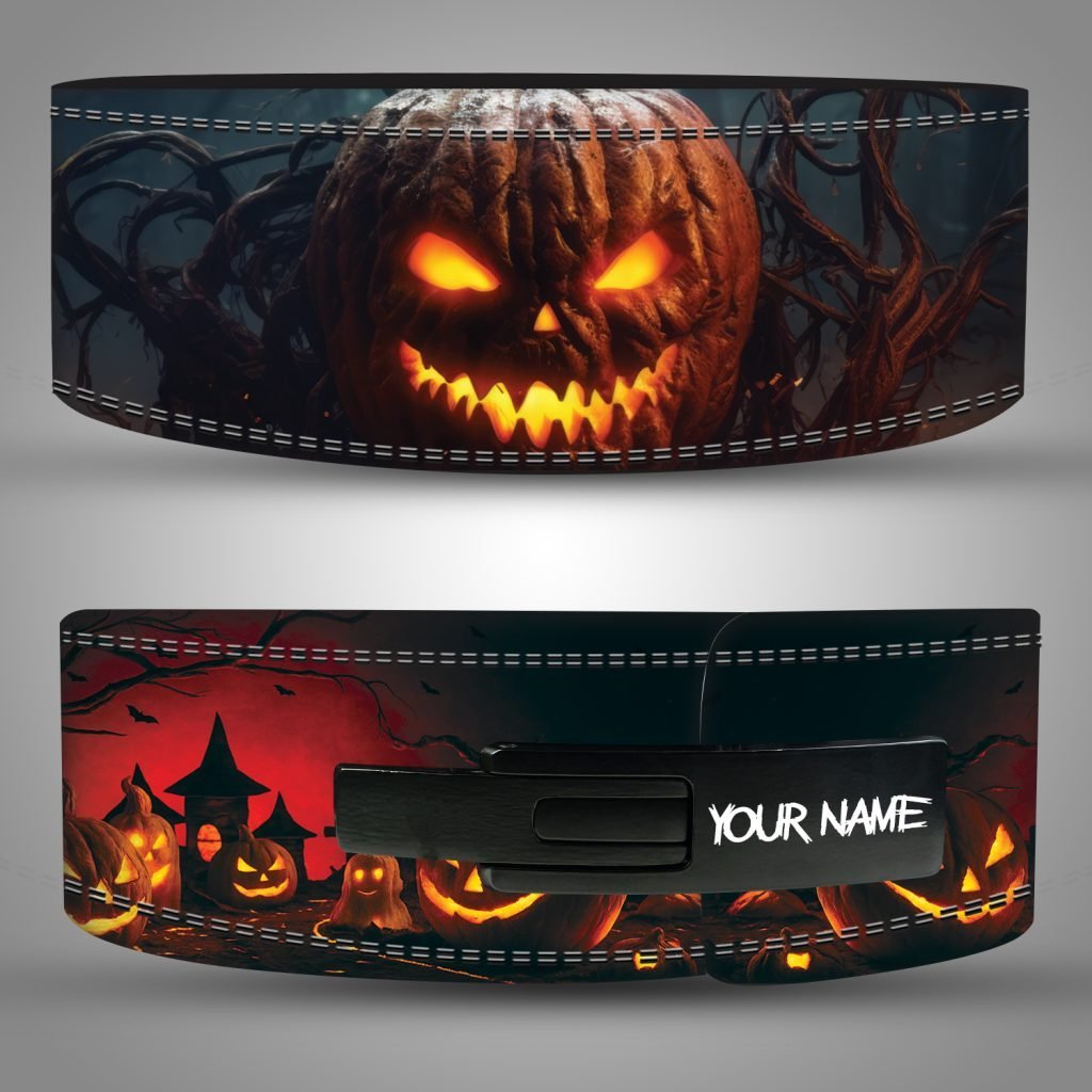 Jack O Lantern Halloween Weightlifting Belt Front and Buckle Front and buckle views of a Halloween weightlifting belt with a glowing jack-o-lantern, red sky, and haunted house artwork.