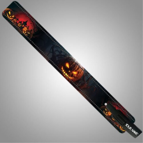 Full view of a Halloween weightlifting belt with glowing jack-o-lanterns, a red night sky, and a personalized lever buckle.