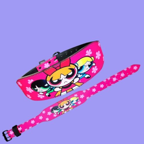 Powerpuff Girls pink lifting belt angled view with Blossom, Bubbles and Buttercup