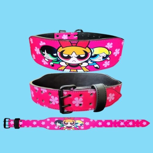 Powerpuff Girls pink double-prong weightlifting belt front, buckle and strap