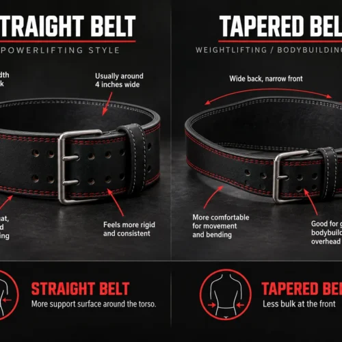 Side-by-side comparison of straight and tapered black double-prong lifting belts