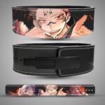 Sukuna and Gojo weightlifting belt shown from the back, front, and as a flat strap with red and black artwork