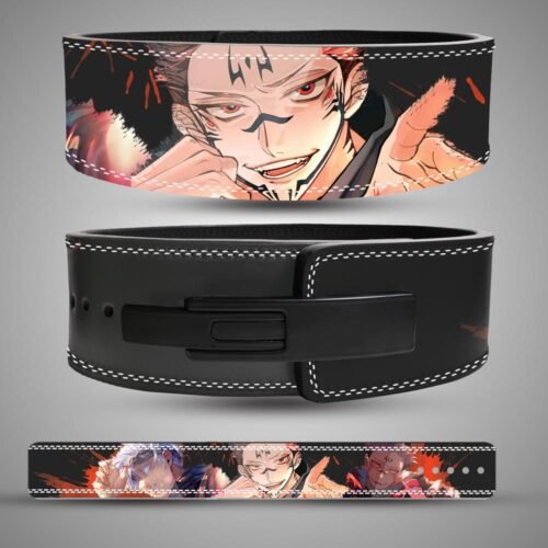 Sukuna and Gojo weightlifting belt shown from the back, front, and as a flat strap with red and black artwork
