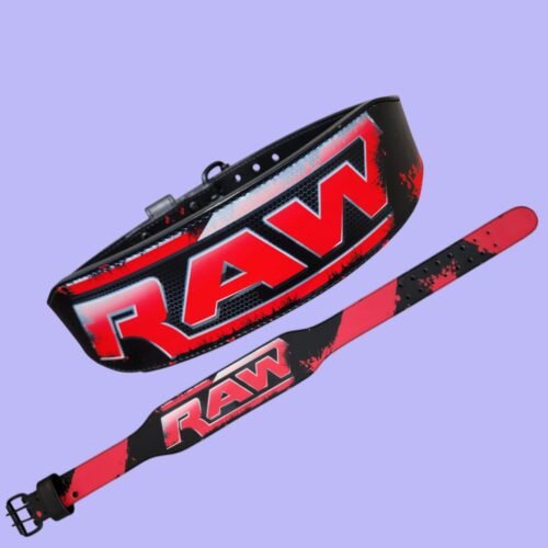 RAW red and black double-prong lifting belt angled view