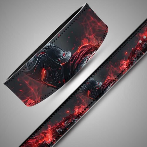 Angled close-up and flat strap view of an armored warrior lifting belt with a red visor and flowing red ember details