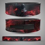 Three views of an armored warrior weightlifting belt with a red visor, ember artwork, black lever buckle and full strap