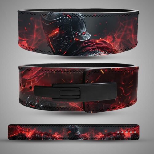 Three views of an armored warrior weightlifting belt with a red visor, ember artwork, black lever buckle and full strap