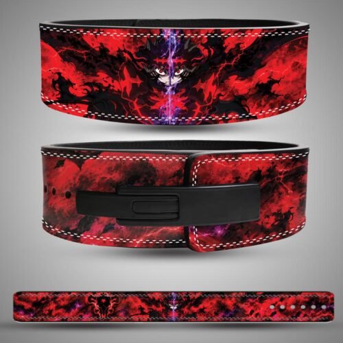 Three views of an Asta weightlifting belt with red-and-black artwork, purple lightning, a Black Bulls emblem and a black lever buckle