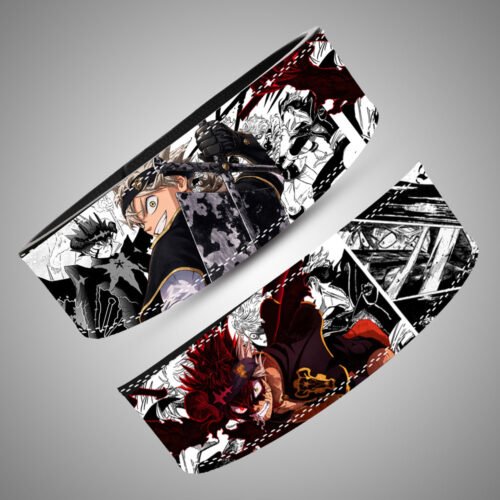 Two angled belt views showing Asta carrying his sword and a dark transformation illustration over Black Clover manga panels