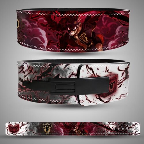 Asta Demon Grimoire weightlifting belt showing the rear artwork, lever closure and full strap layout