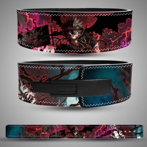 Asta Demon-Slayer Sword weightlifting belt showing the rear artwork, lever closure and full strap layout