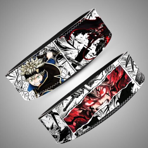 Angled close-up of Asta Devil Union artwork with red-and-black wings and purple energy, alongside the full belt strap