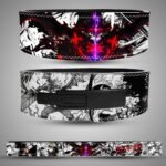 Three views of an Asta weightlifting belt showing Devil Union artwork, manga panels, a black lever buckle and the full strap