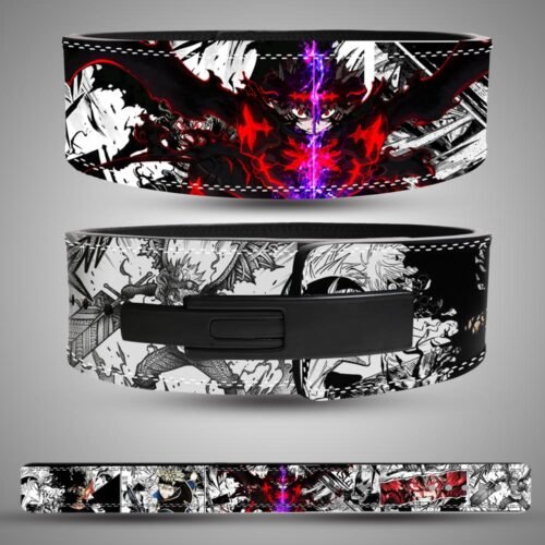 Three views of an Asta weightlifting belt showing Devil Union artwork, manga panels, a black lever buckle and the full strap