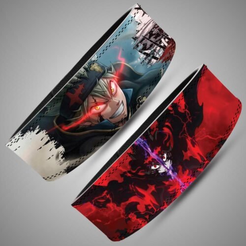 Two angled views of an Asta and Yami lifting belt showing Asta’s portrait and red-and-black Devil Union artwork