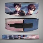 Composite view of an Attack on Titan weightlifting belt showing artwork of Levi and Eren on the back, a blue-to-pink gradient sky with a black lever buckle on the front, and the full flat design layout.