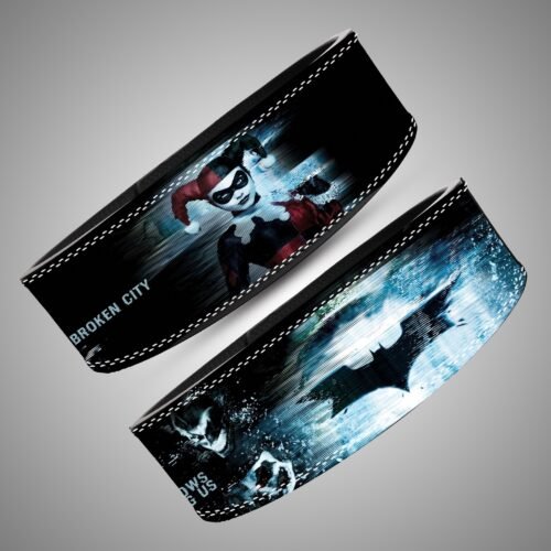 Batman Gotham Shadows weightlifting lever belt, angled view showing black, blue and white artwork