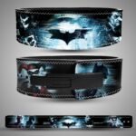 Batman Gotham Shadows weightlifting lever belt, front back showing black, blue and white artwork and a black lever closure