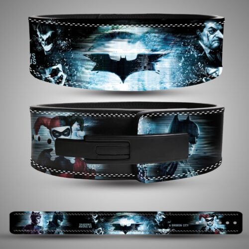 Batman Gotham Shadows weightlifting lever belt, front back showing black, blue and white artwork and a black lever closure