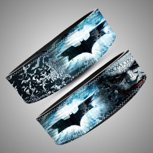 Batman and Joker Ice Blue weightlifting lever belt, angled view showing black, icy blue and white artwork