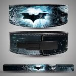 Batman and Joker Ice Blue weightlifting lever belt, front back showing black, icy blue and white artwork and a black lever closure