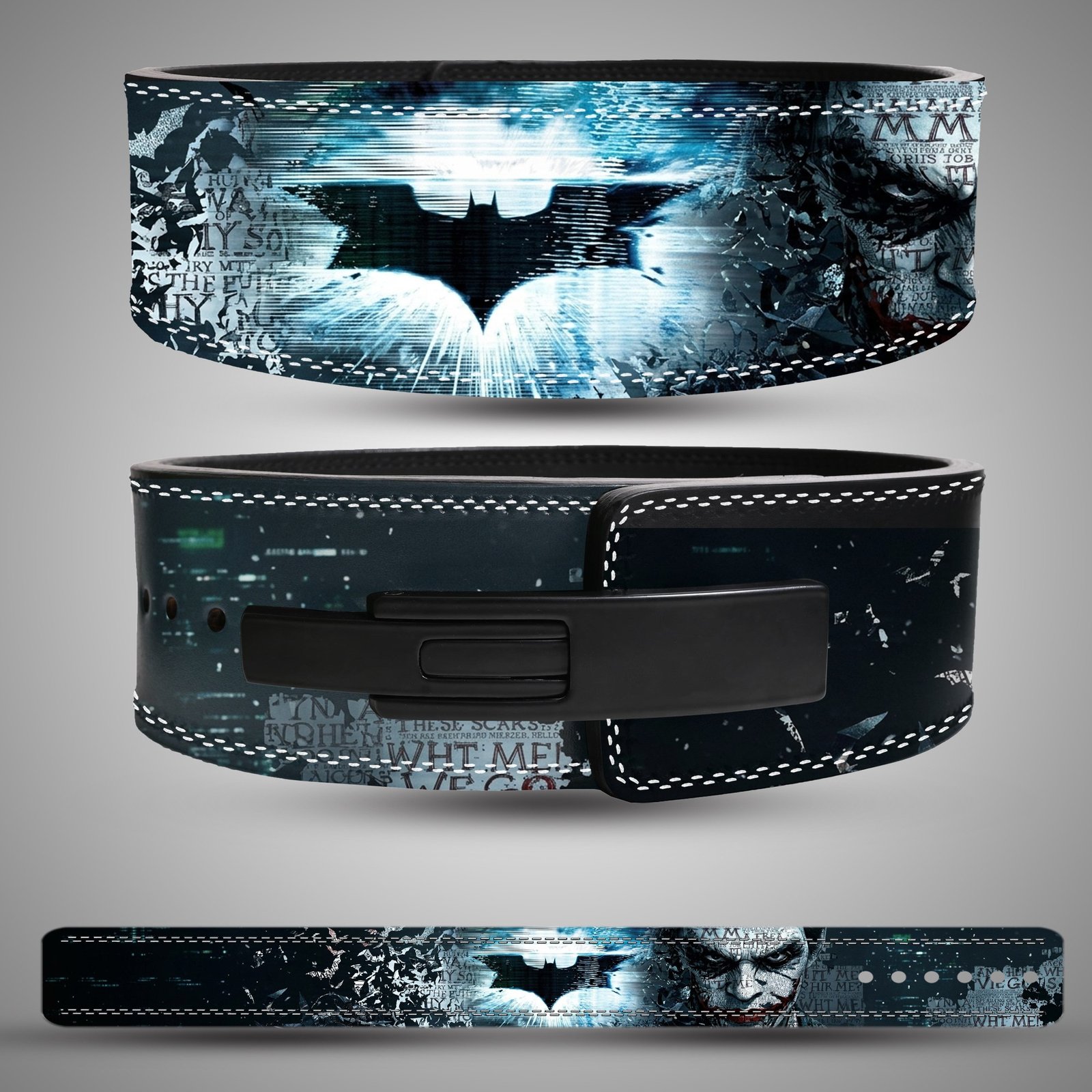 Batman and Joker Ice Blue Weightlifting Lever Belt – Front and Back Batman and Joker Ice Blue weightlifting lever belt, front back showing black, icy blue and white artwork and a black lever closure