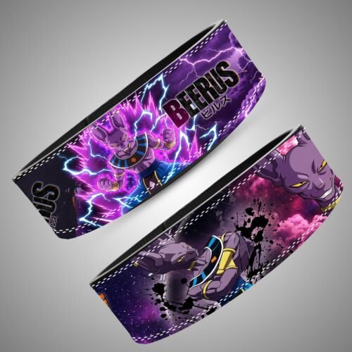 Angled views of the Beerus God of Destruction lifting belt artwork