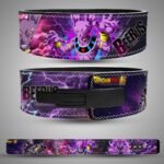 Beerus God of Destruction weightlifting belt showing the rear artwork, lever closure and full strap layout
