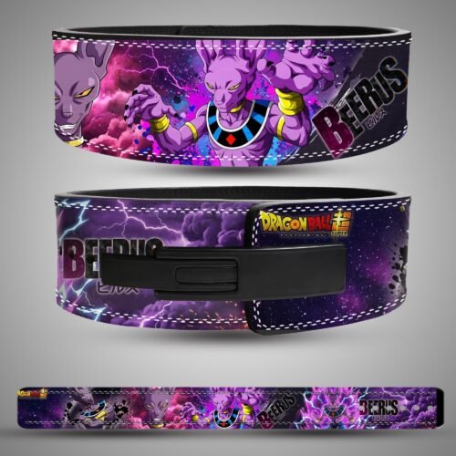 Beerus God of Destruction weightlifting belt showing the rear artwork, lever closure and full strap layout