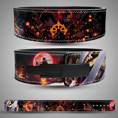 Benimaru Shinmon Asakusa weightlifting belt showing the rear artwork, lever closure and full strap layout