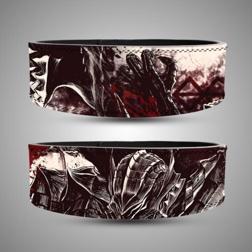 Berserk Guts Dragonslayer Manga lifting belt with alternate views of the manga panels and strap artwork