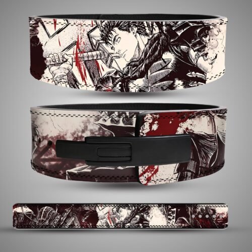 Berserk Guts Dragonslayer Manga weightlifting belt showing the rear artwork, lever closure and full manga strap layout