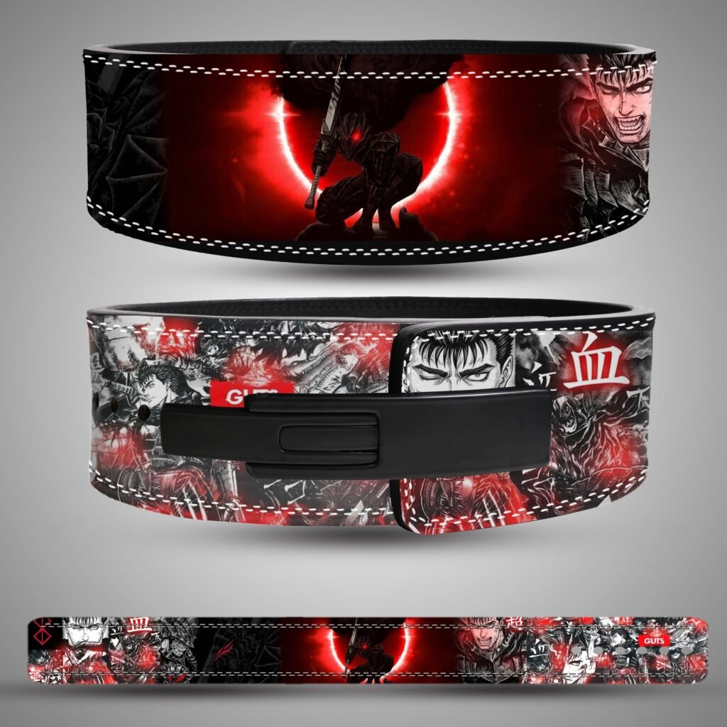 Berserk Guts Red Eclipse weightlifting lever belt, front back showing black, red and white artwork and a black lever closure