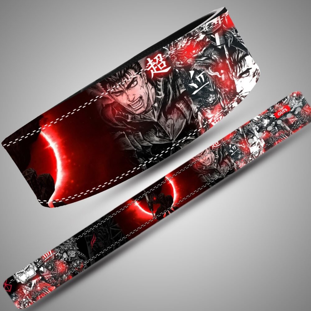 Berserk Guts Red Eclipse weightlifting lever belt, full design showing black, red and white artwork