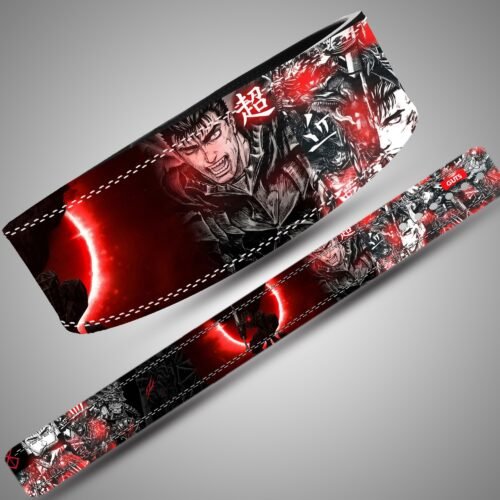 Berserk Guts Red Eclipse weightlifting lever belt, full design showing black, red and white artwork