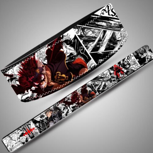 Angled close-up of Black Asta artwork with dark wings and red accents, alongside the full manga-panel belt strap