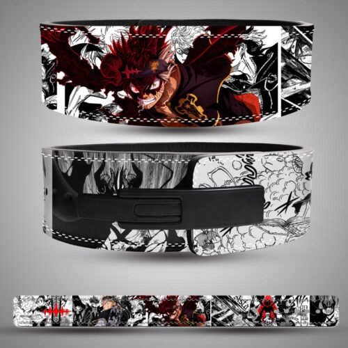 Three views of a Black Asta weightlifting belt showing character artwork, manga panels, a black lever buckle and the full strap