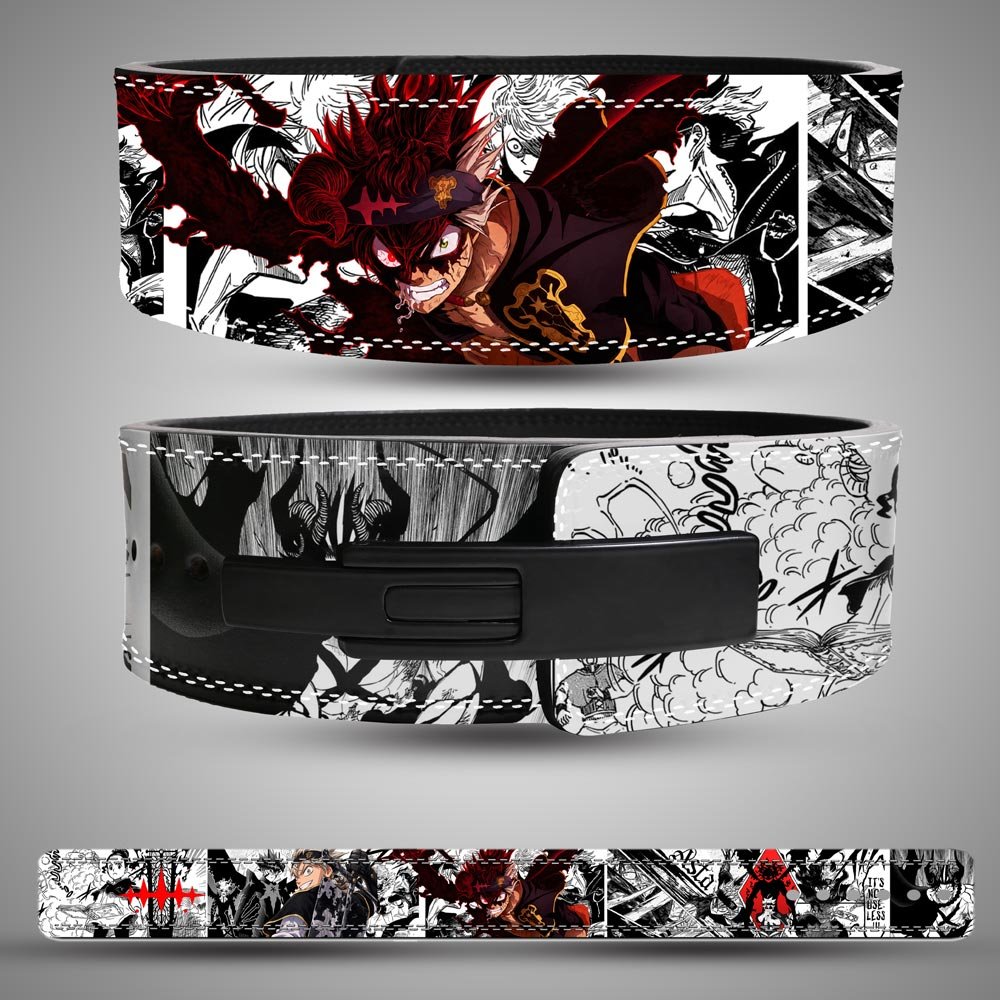 black-asta-weightlifting-belt Three views of a Black Asta weightlifting belt showing character artwork, manga panels, a black lever buckle and the full strap