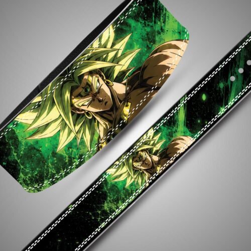Close-up and flat strap views of Broly portrait artwork with golden-green hair, green brush marks, and white stitching