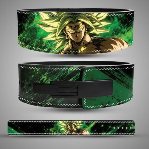 Broly weightlifting belt with green and black artwork, shown from the back, front, and as a flat strap