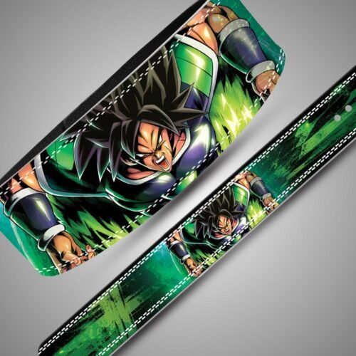 Close-up of black-haired Broly with green aura, brush artwork, and white stitching on a weightlifting belt