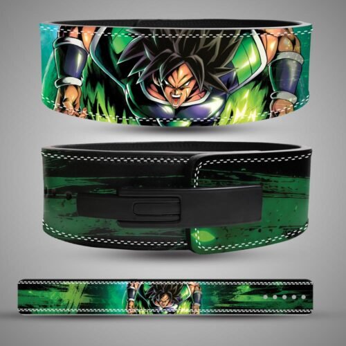 Broly green grunge weightlifting belt showing character artwork, black lever closure, and full strap