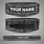 Camo Series personalised lever lifting belt with grey and black camouflage, showing the name panel, black lever buckle and flat belt layout.