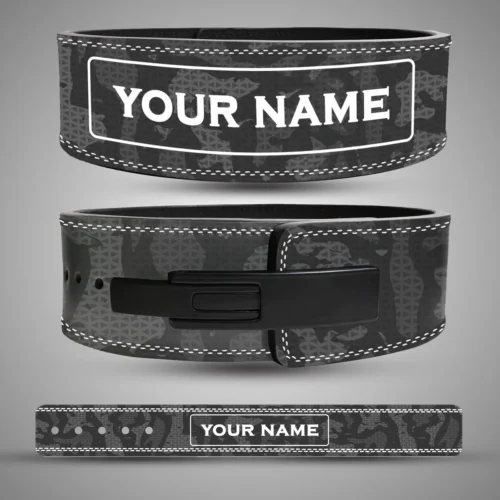 Camo Series personalised lever lifting belt with grey and black camouflage, showing the name panel, black lever buckle and flat belt layout.